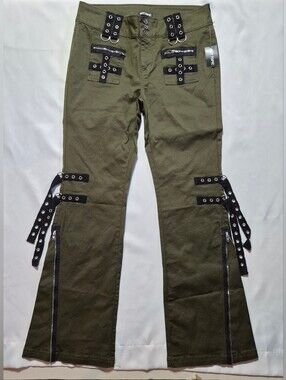 Hot Topic Olive Green Flare Jeans with Grommet Straps